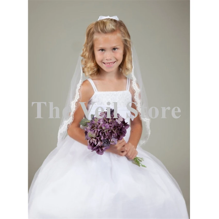 Matrimonio Ragazze di fiore Prima comunione Veli Bordo in pizzo Bambini Bambini Veli di tulle con pettine Fiocco Voiles Mariage Fille velos de Novia