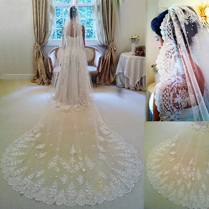 3 Meter Lange Bridal Veils Kathedraal Lengte Wit Ivoor Kant Applicaties Edge Bruiloft Accessoires Custom Made Veil Gratis Kam