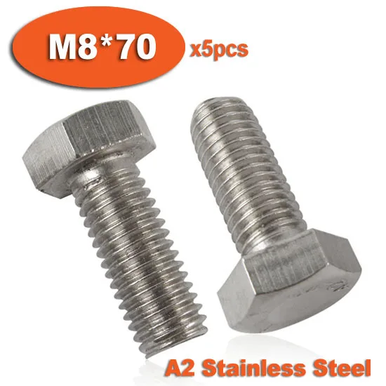 

5pcs DIN933 M8 x 70 Fully Threaded Stainless Steel Bolts A2 Hexagon Hex Head Bolt Set Screw Setscrews