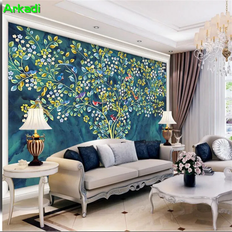 

3d hand-painted flowers mountain chinese television background wall painting bar cafe wall decoration landscape custom size wall