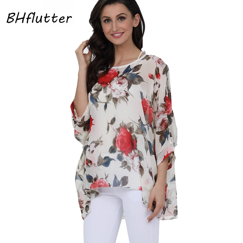 BHflutter-Blusa de Chifón con manga murciélago para mujer, camisa informal con estampado Floral, talla grande 4XL, 5XL, 6XL, para verano, 2018