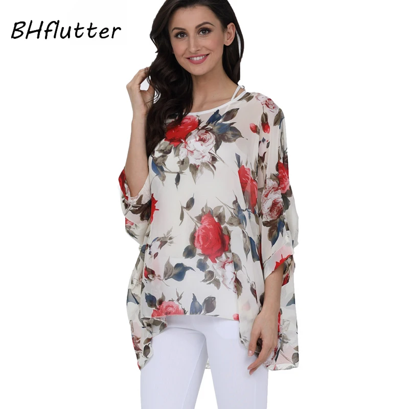 Bhflutter-blusa com manga batwing para mulheres, top chiffon, estampa floral, casual, tamanho grande 4xl, 5xl, 6xl, verão 2018