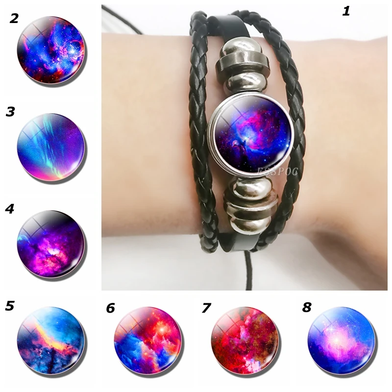 Universe Nebula Art Jewelry  Black Leather Bracelets , DIY Glass Cabochon Space Pictures Multi-layered Bracelets Men Women Gifts