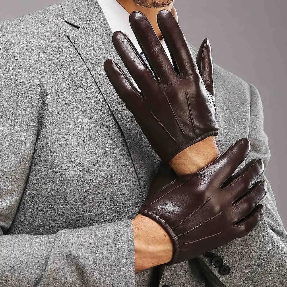 Top Fashion Men Genuine Leather Gloves Wrist Sheepskin Glove For Man Thin Winter Driving Five Finger Rushed M017PQ2