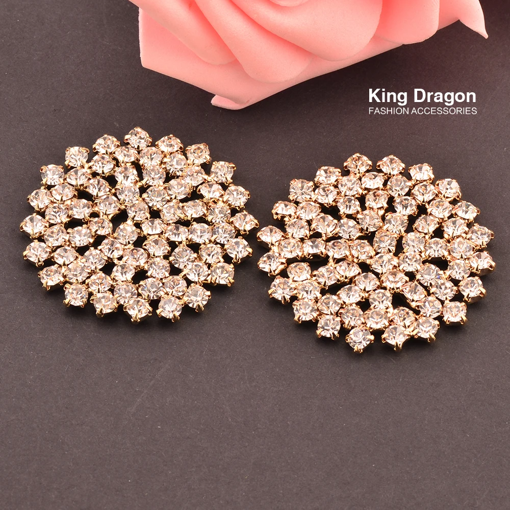 New Arrival Rhinestone Embellishment Used On Invitation Card Decoration Buttons 45MM 2PCS/Lot Gold Color Flat Back KD395