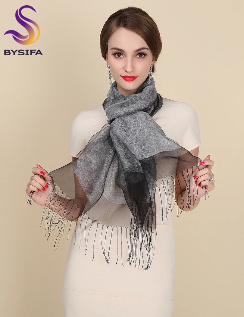 New Elegant Organza Silk Scarf Shawl Fashion 100% Mulberry Silk Silver Grey Female Long Scarves Autumn Winter Ladies Tassel Cape