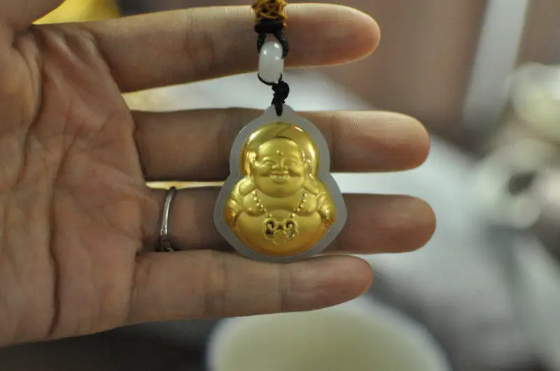 

Certified 100% Natural Hetian Jade 24k 999 Gold Smile Buddha Pendant Necklace Wholesale