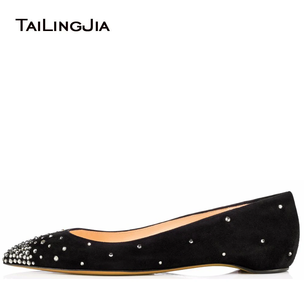 

2017 Women Black Suede Flats Crystal Ballet Shoes with Sliver Rhinestone Pointed Toe Ladies Ballerinas Shoes Plus Size