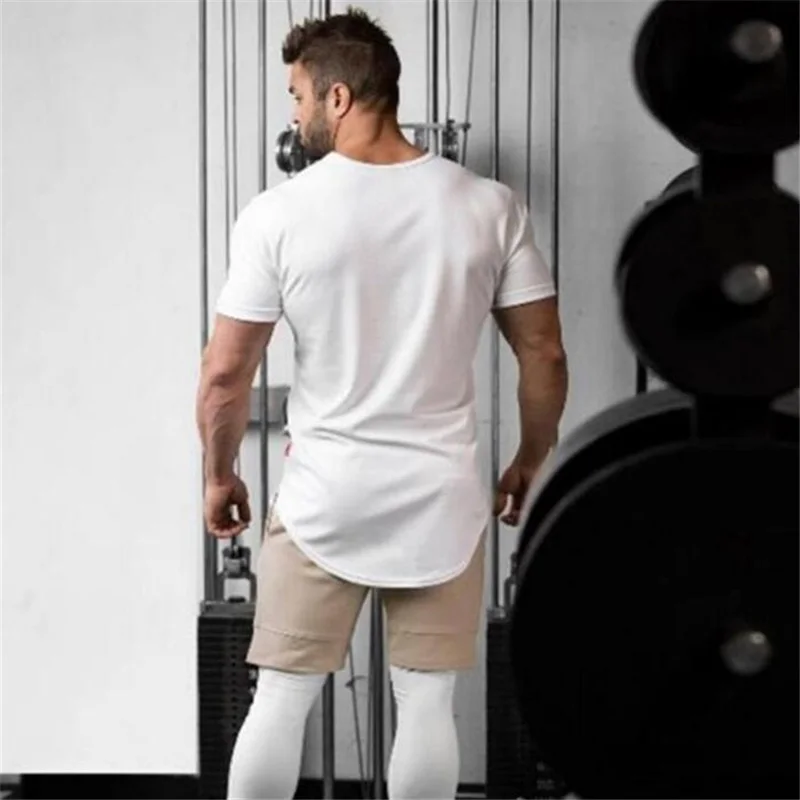 Brand Clothing Fashion T Shirt Men Extended Scallop Hem Short Sleeve T-Shirt Fitness tshirt Cotton slim fit Bodybuilding T shirt