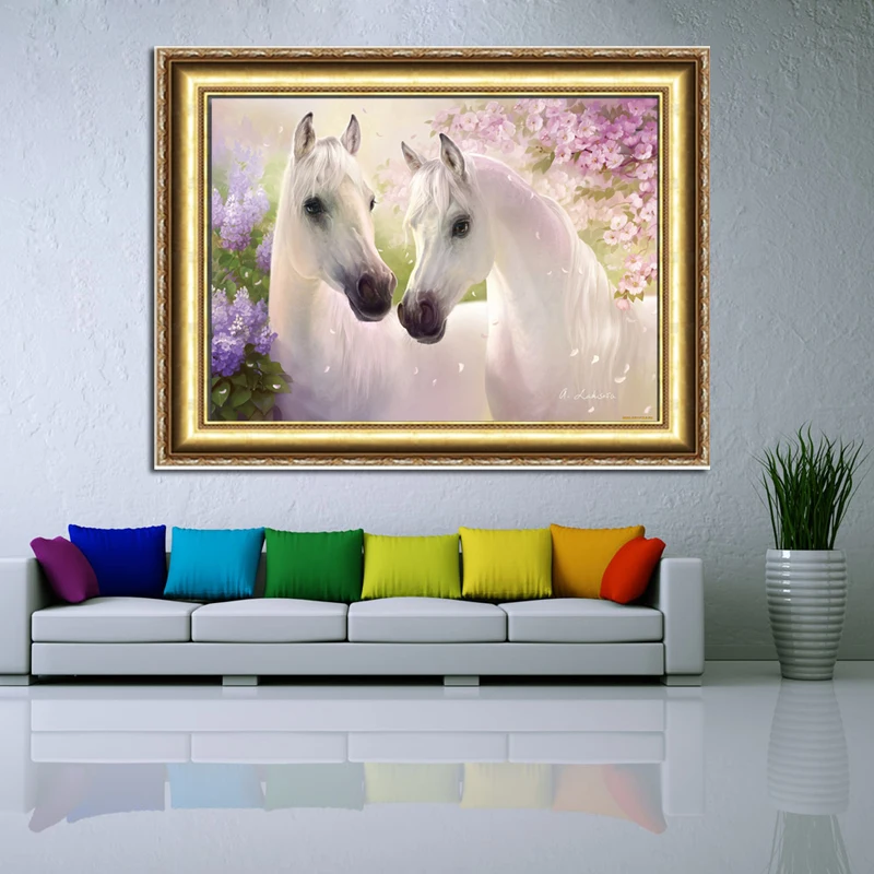 Diamond Painting Cross Stitch Kit Diamond Embroidery Two White Horse 40x50cm 3d Square Drill Mosaicl Full Canvas Hand Embroidery