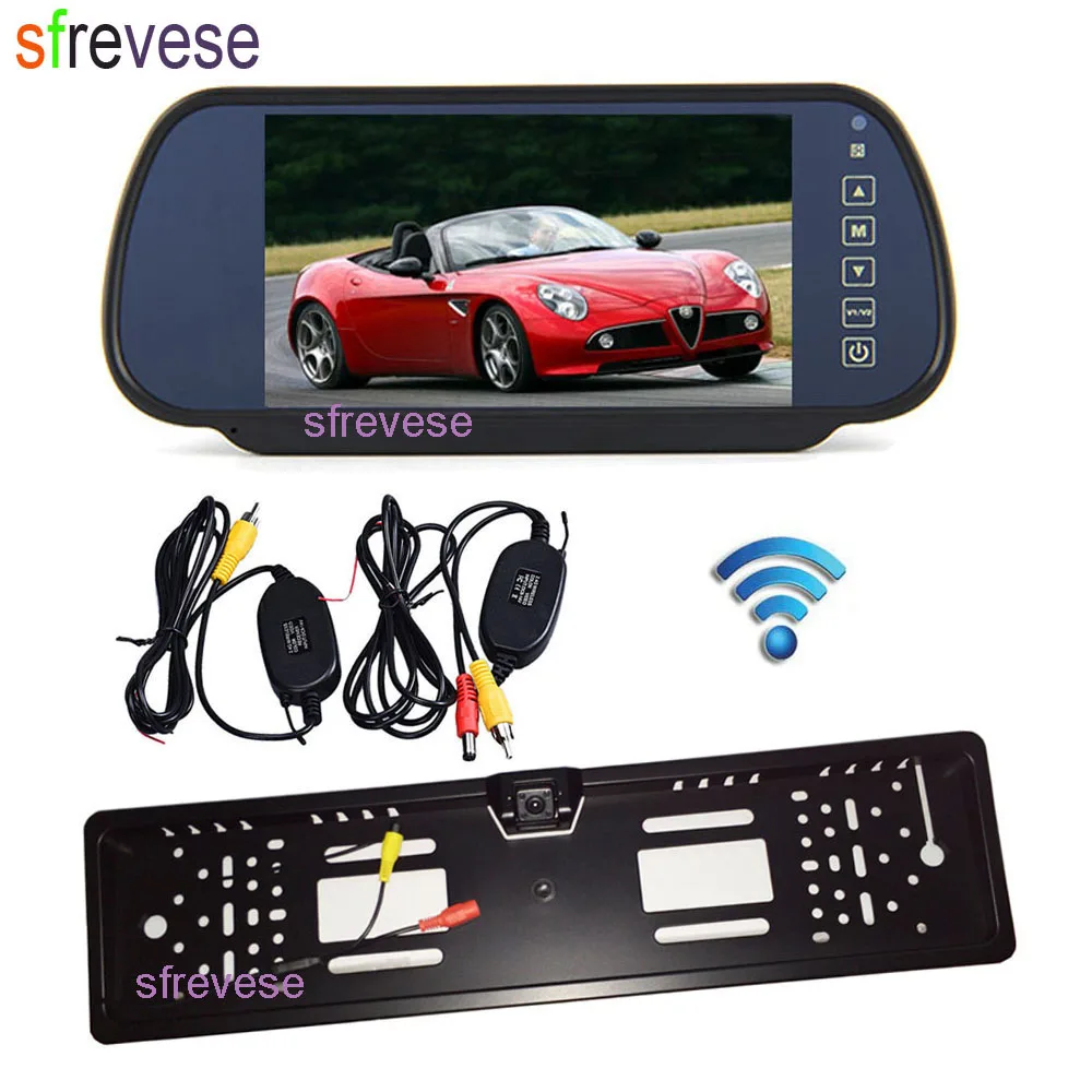 

7" Car Vehicle LCD Mirror Monitor Rear View Kit + Wireless EU Car License Plate Frame Reversing Backup Parking 4 LED Camera