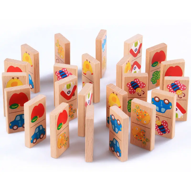 28pcs Baby Wooden Domino Block Toys Cartoon Garden Animal Vehicle Fruit Domino Blocks Toys Building Blocks Educational Matching