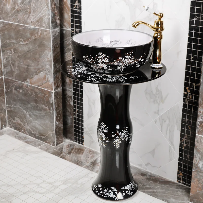 Ceramic Pedest Basin Jingdezhen Hand Washing Basin Floor Type Hotel Balcony Modern Integrated Artistic Pedestal Basin black