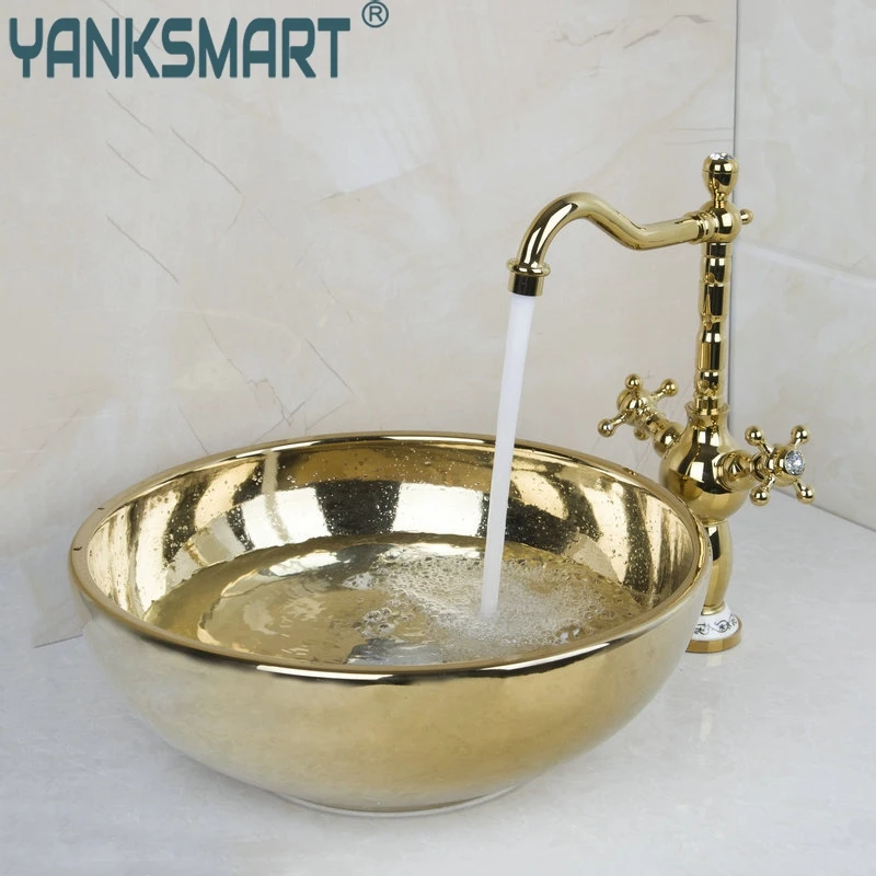 

Paint Bowl Sinks Vessel Basins With Washbasin Ceramic Basin Sink & Polished Golden Faucet Tap Set 46029836