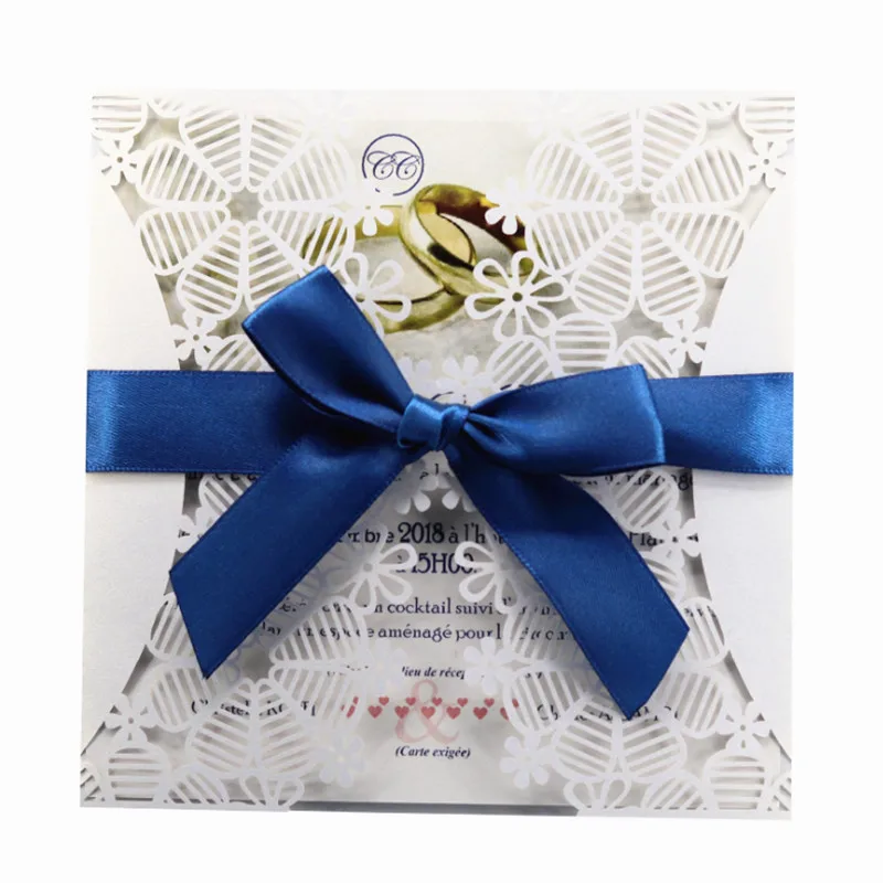 

White vintage laser cut wedding invitations with blue ribbon 50pcs