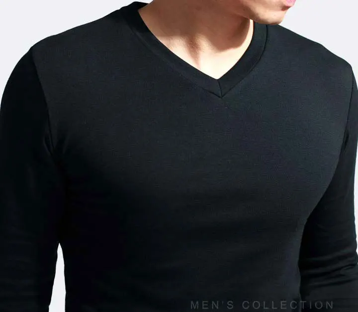 2024 Elastic Mens T-Shirt V-Neck Long Sleeve Men T Shirt For Male Big Size Lycra And Cotton TShirt Business Man Tees