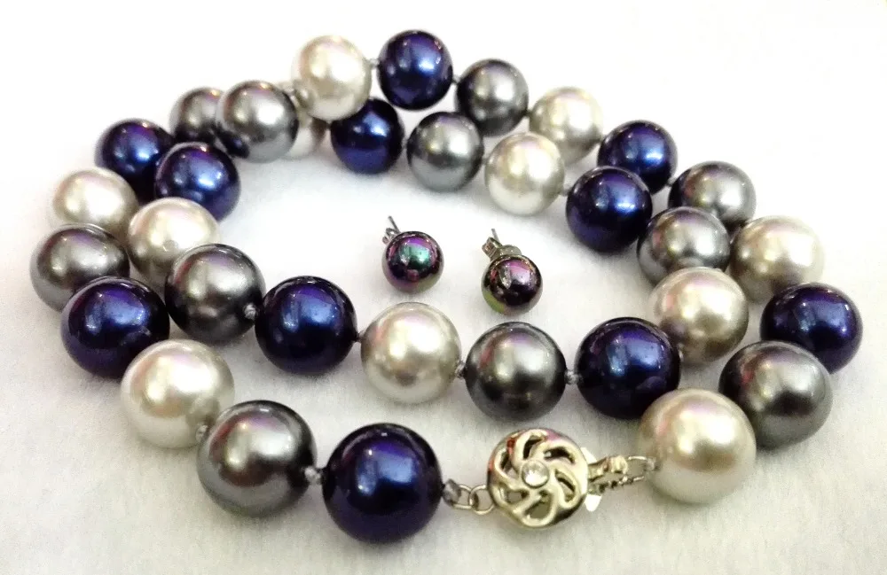 jewelry set 12mm blue gray Round bead necklace 10mm black colors stud earring Natural South Sea Shell Pearl  45cm 18''