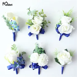 Meldel-ramillete de boda para hombre, pulsera de muñeca nupcial, padrino de boda para Pin de solapa, decoración de flores para fiesta y Reunión, color blanco y azul