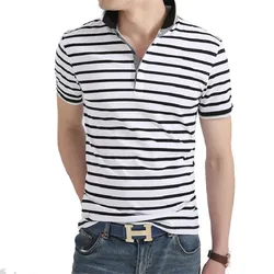 Men Polo Shirt 2024 Summer Men Business Casual Breathable White Striped Short Sleeve Polo Shirt Pure Cotton Work Clothes Polos