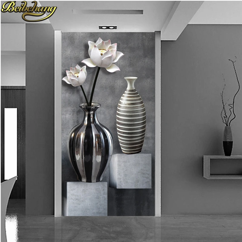 beibehang  papel de parede Three - dimensional mystery fresco black and white lotus vase living room aisle background wallpaper