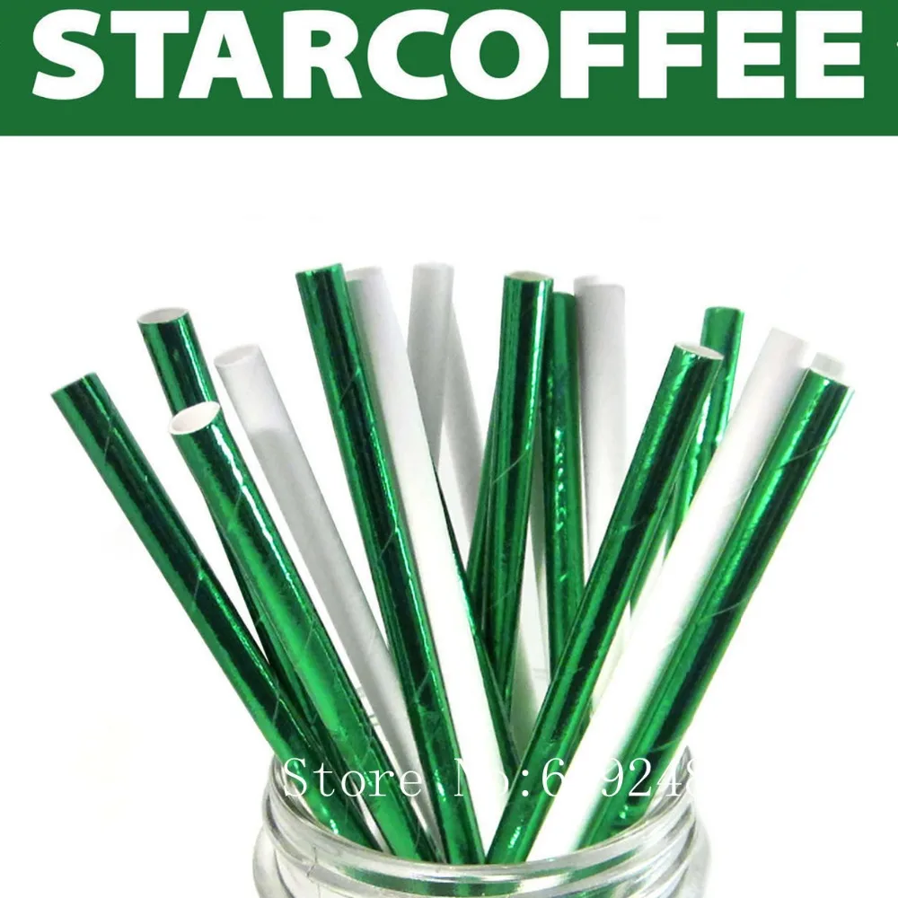 100 Pcs Mix Colors Star Coffee Party Paper Straws,Solid Plain White Metallic Foil Green,Colored Barista Birthday Drinking Straws