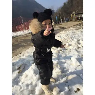 Inverno russo meninos meninas 1-5y macacão de inverno do bebê macacão pato para baixo macacão gola de pele real crianças outerwear crianças snowsuit