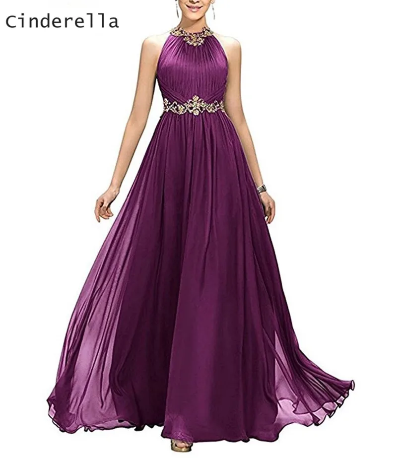 Cinderella Halter Mouwloze Zipper Terug Floor Lengte A-lijn Kant Applique Crystal Chiffon Avondjurken Party Prom Jassen