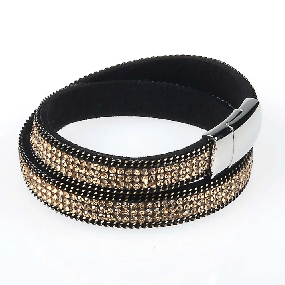 Miasol Rhinestone Crystal Bling Double Wrap Bracelets Suede Leather Wrap Magnetic Bracelet Wrist Strap Crystal Chokers For Women