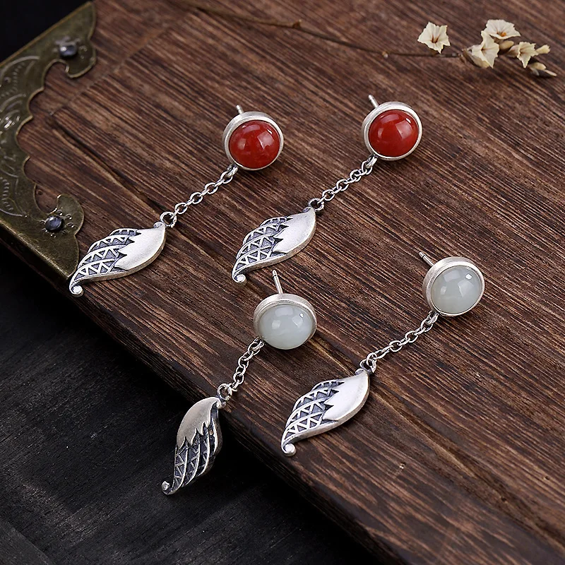 One Deer Silver S925 Pure Silver Retro Individual Feather and Tianyu Baiyu Natural Nanhong Ear Drop Ear Nail Earrings