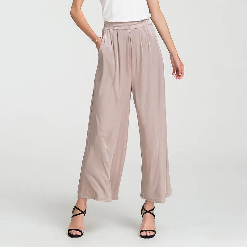 Silk Broad-legged Pants, Loose 100% Silk Casual Pants, Large Size, High Waist Straight Trousers