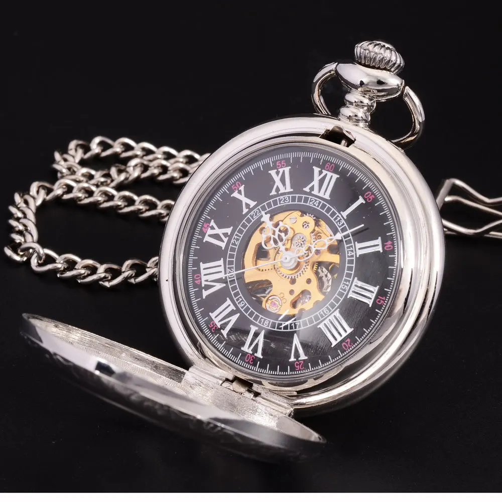 Classic Silver Flower Case Skeleton Dial Male Relogio De Bolso Chain Clock Vintage Men Hand Wind Mechanical Pocket Fob Watch