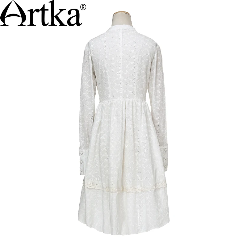 ARTKA Women\'s Elegant Bohemian Medium Style Stand Collar Pleated Swing Hem Long Sleeve Cotton Shirt SA14152C