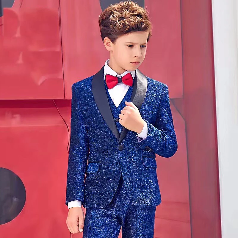 

Shinny Blue One Button Wedding Suits For Boy Notch Lapel Suits Children Party Tuxedos boys Smoking blazer (jacket+pant+vest)