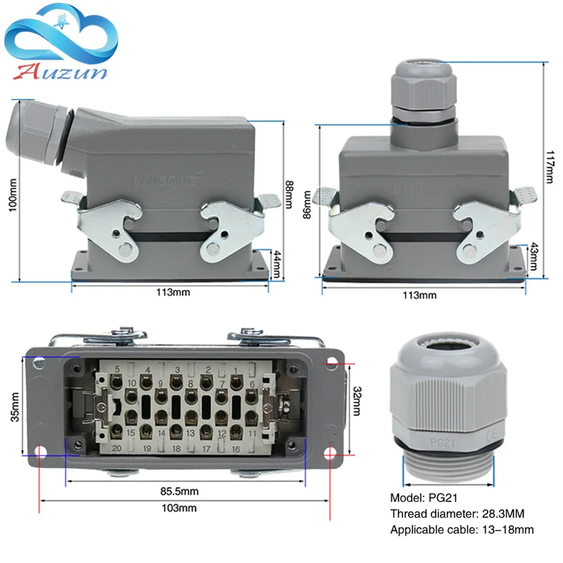 Rectangular heavy-duty connector hdc-he-020 20-core aviation socket 16A