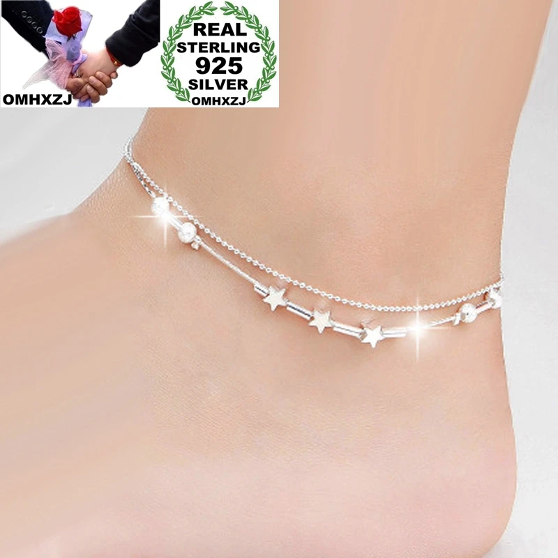 

OMHXZJ Wholesale European Fashion Woman Girl Party Birthday Wedding Gift Star Beads Two Lines 925 Sterling Silver Anklet JL02