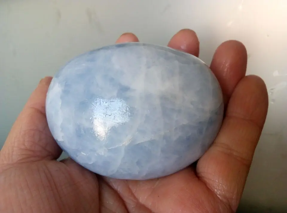 236.1g Celestite Crystal Rare Natural Ice Sky Blue Celestine Crystal Pocket Palm Stone(Smooth Polished Worry Stone)