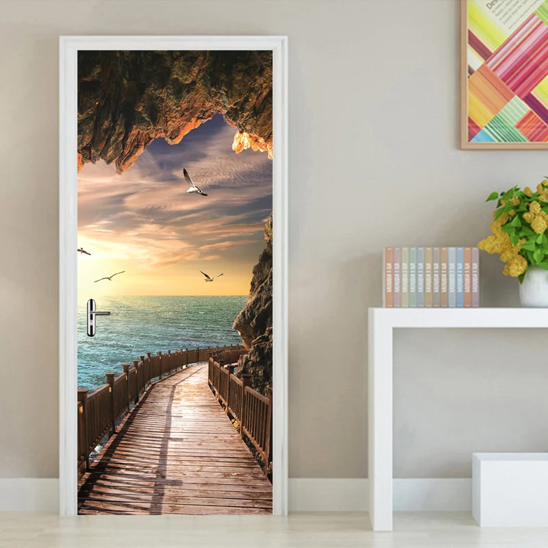 

Seaside Nature Landscape 3D Door Sticker Photo Wallpaper Living Room Bedroom Creative DIY Self Adhesive Door Mural PVC Wallpaper