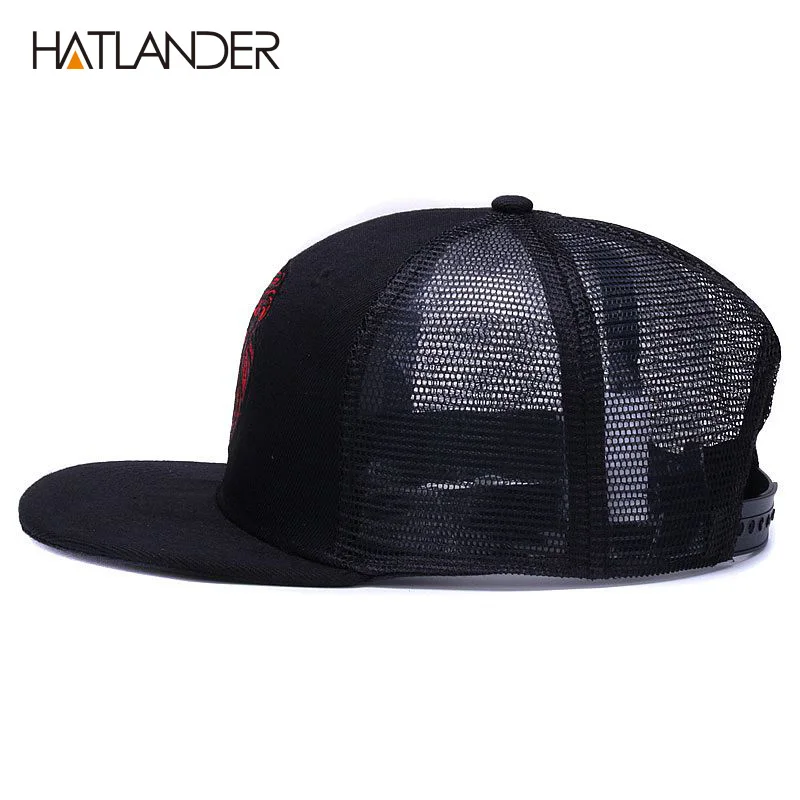 [Hatlander] bonés de beisebol pretos originais, para meninos, meninas, chapéus de sol de verão, bordado, malha de leão, snapbacks, hip hop, boné trucker