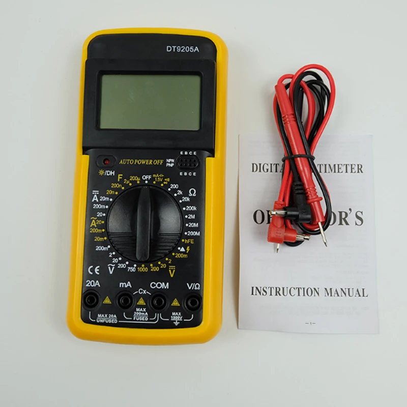 DT9205A LCD Professional Digital Multimeter Electric Handheld Ammeter Voltmeter Resistance Capacitance hFE Tester AC DC 20A