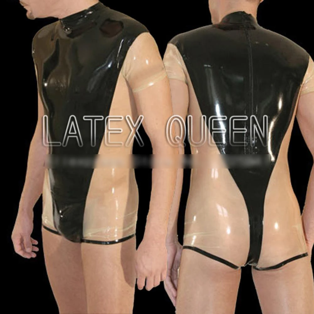 

Men 's 100% nature latex rubber bodysuits for adults in black and trasparent trim