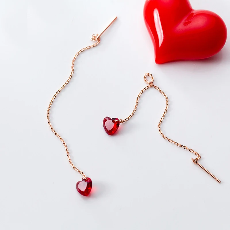 MloveAcc Genuine 925 Sterling Silver Red Heart Drop Earrings for Women Long Chain Heart Earrings Drop Sterling Silver Jewelry