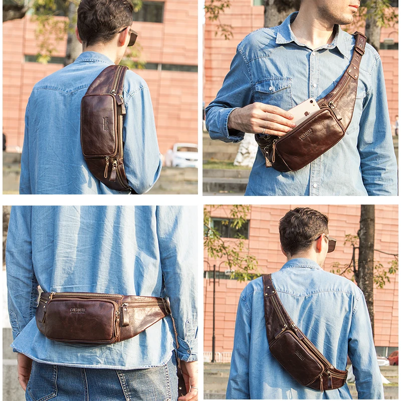 Contact\'s-riñonera de cuero genuino para hombre, bolsa de viaje para teléfono, bolso cruzado de calidad