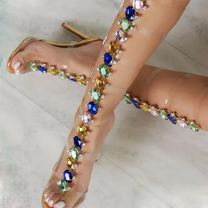 

Summer Colorful Rhinestone Clear PVC Straps Sandals Boots Knee High Female Stiletto Heels Boots Crystal Lucency Botas Shoes