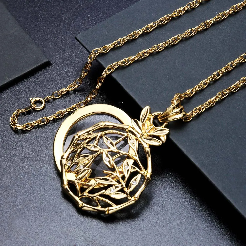 DreamCarnival1989 Bamboo Leaves Gold Color Magnifier Glass Len Pendentif Femme Long Colar Necklace Pendant Mutter Jewelry P-005