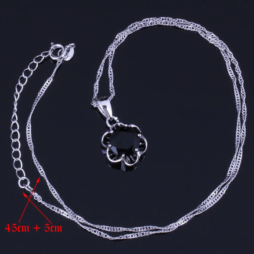 Romantic Round Black Cubic Zirconia Silver Plated Jewelry Sets Earrings Pendant Chain Ring V0982