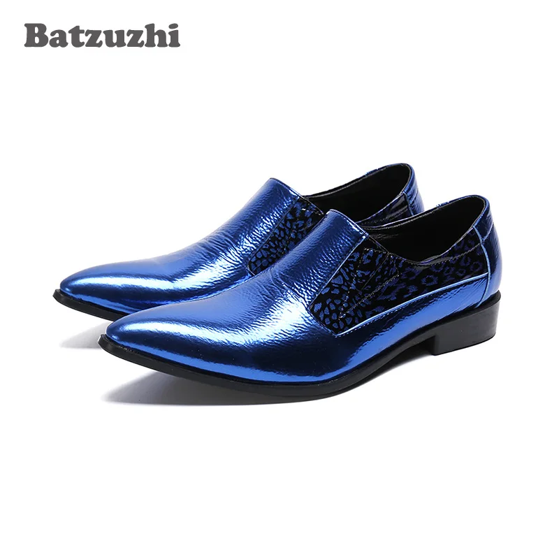 

Batzuzhi Handmade Men Leather Shoes Pointed Toe Blue Genuine Leather Shoes Men Oxfords Formal zapatos de hombre, Big Size US12