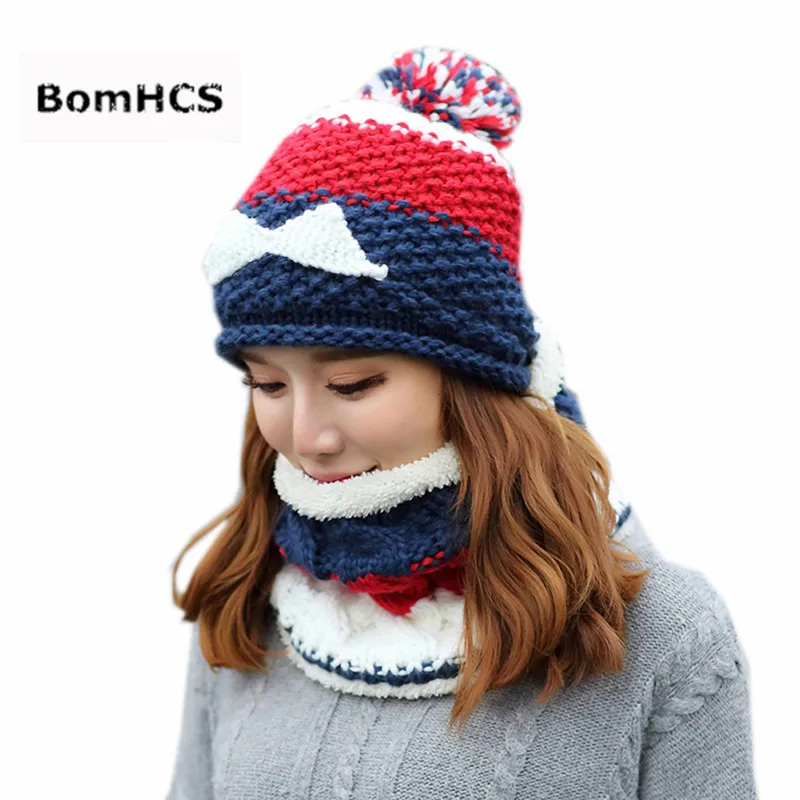 

BomHCS 2PCS Suit Women's Thick Warm Hat + Scarf 100% Handmade Knitted Cute Beard Pattern Beanie Neckerchief