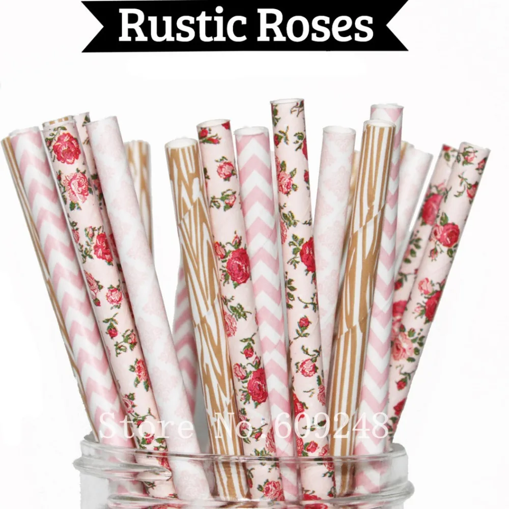 100 Pcs Mix Colors Rustic Roses Party Paper Straws,Light Pink Chevron,Damask,Flower,Floral,Woodgrain,Wood Grain,Wedding,Bulk