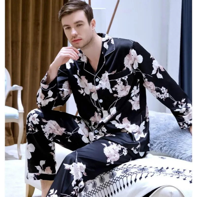 Men's New Large Size Silk Nightgown All Seasons Suit Long-sleeved Shirt+Trousers 2pcs Sleepwear Home Service Ice Silk 2019 J008