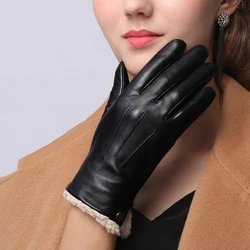 Genuine Leather Gloves Female New Winter Lamb Cashmere Sheepskin Woman Gloves Short Style Plus Velvet Thicken Keep Warm NW181